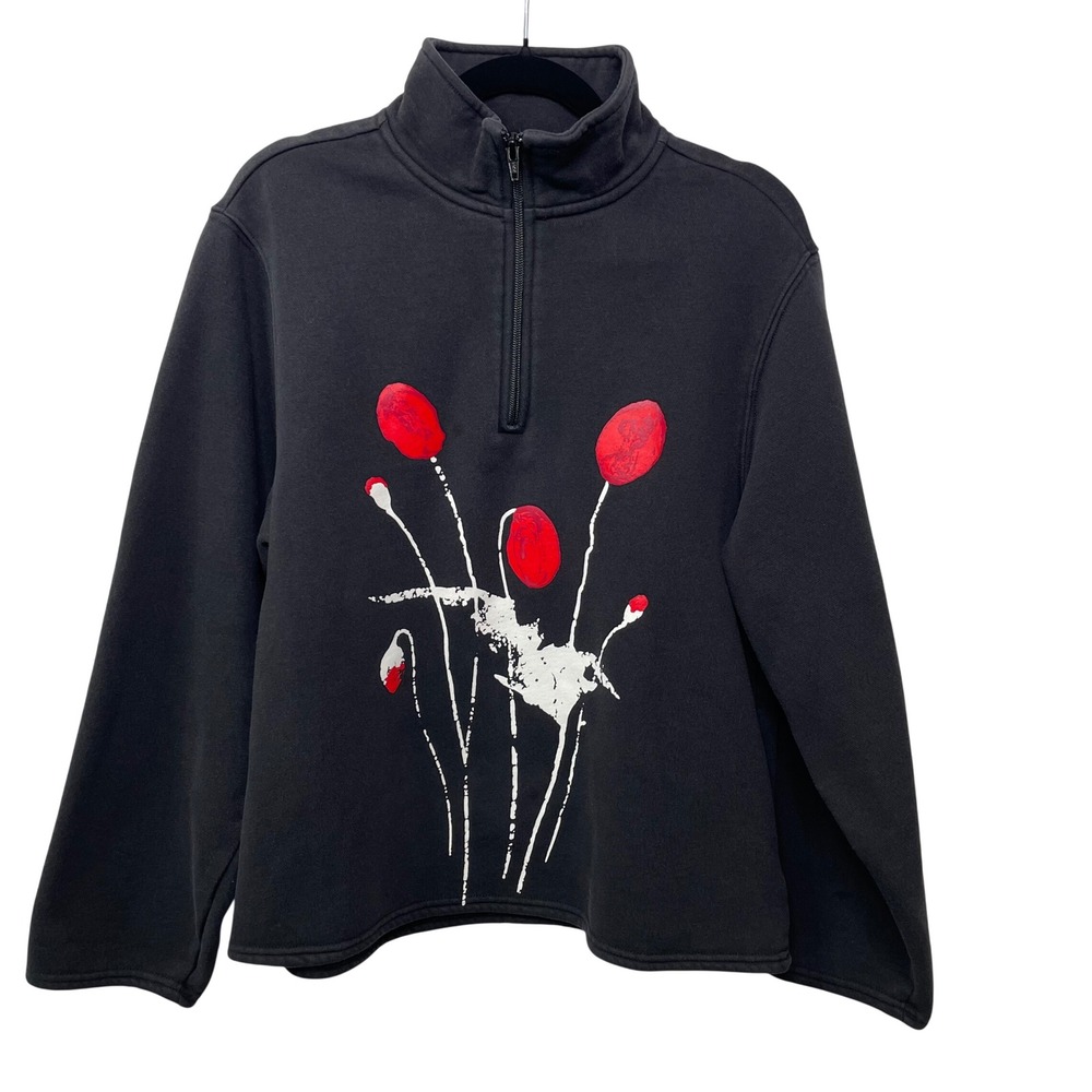 Vtg Victoria Hand Painted Poppy Flower Quarter Zip Sweatshirt Black Women S Art